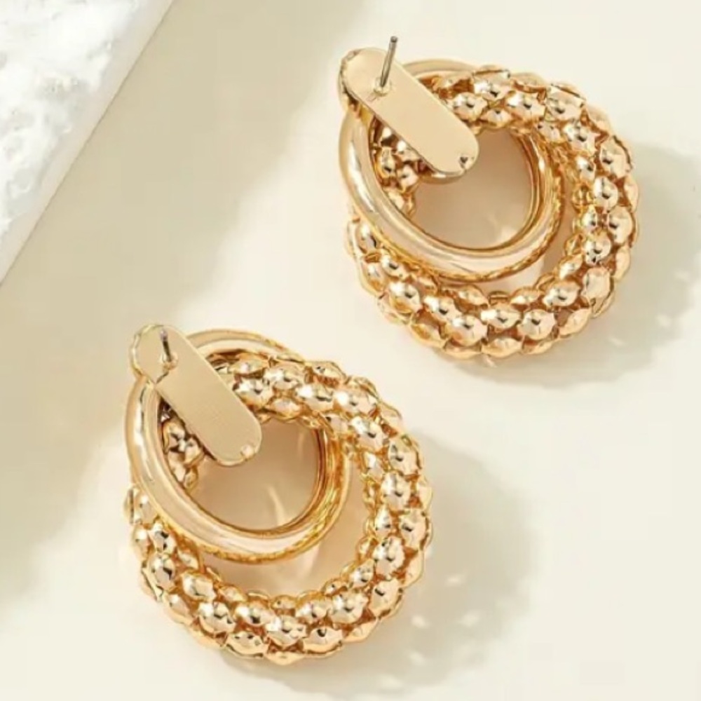 Bold Statement Triple Layer Gold Toned Stud Earrings - Picture 4 of 4